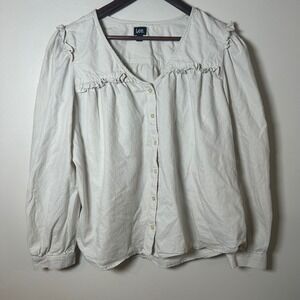 Lee Women's Beige Button Front Ruffle Neck Long Sleeve Blouse Size L